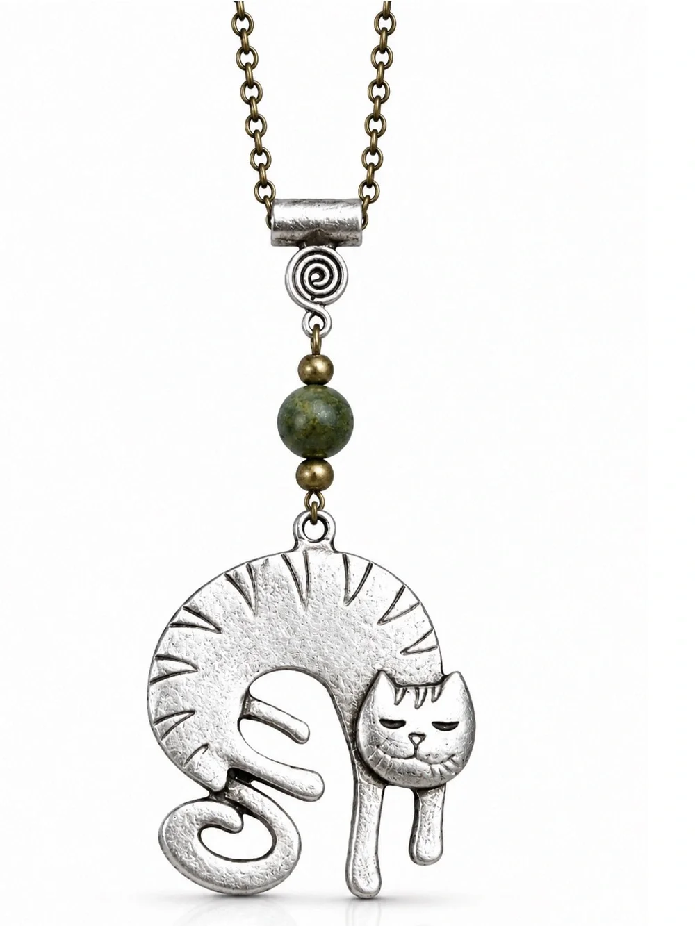 Sleeping Cat Necklace, Antique Bronze Chain, Green Bead, 20 Inch